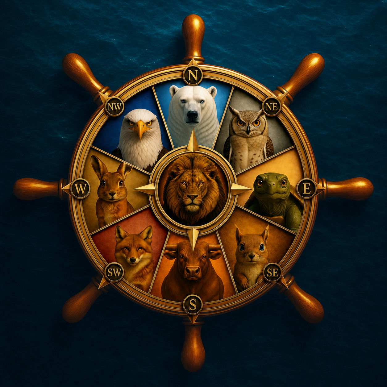 Freedom Voyage animal helm showing the eight market-cycle animals around the Lion navigator